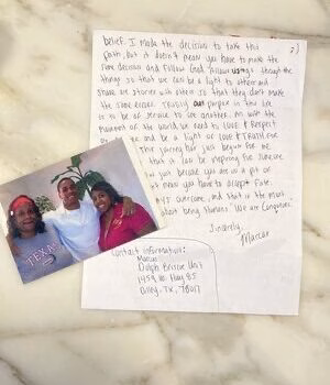 IMG_0360 Handwritten letter on white paper with a small color photograph of three people and handwritten notes attached.