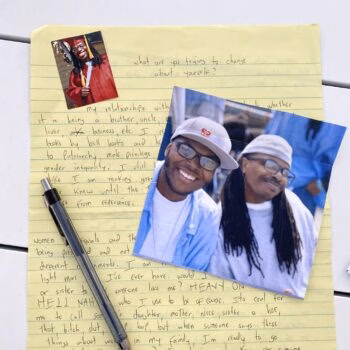 A yellow lined notepad with handwritten text about relationships and gender inequality, featuring two photos of men and a pen.