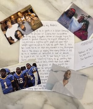 Marcus1 A collection of personal photographs and handwritten notes on a marble surface, featuring a group of people, a football player, and a man in a white shirt.