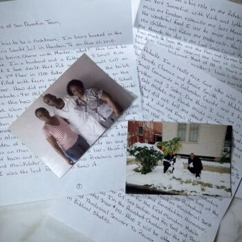 A collage of handwritten letters and two photographs on a marble surface. One photo shows two women, and another shows two people in a snowy yard.