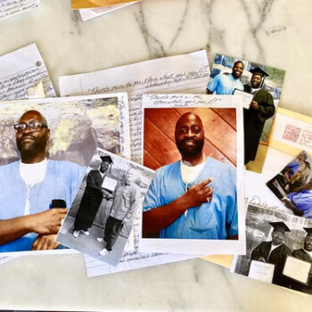 A collection of photographs and handwritten notes featuring a man in blue scrubs, including a graduation photo, on a marble surface.