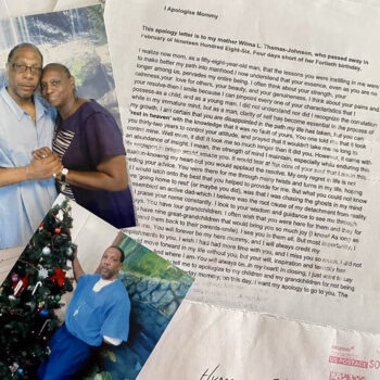 A letter addressed to the family of Wille L. Thomas-Johnson, featuring a photograph of her with her mother and another photo of her at a Christmas party.
