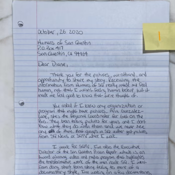 A handwritten letter dated October 26, 2020, addressed to the Humane Society of San Quentin in San Quentin, CA. The letter, written in blue ink on lined paper, discusses the importance of telling stories and mentions the Executive Director of the San Quentin Prison Report.