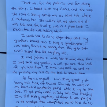 Handwritten letter dated 10.4.20 from Draine, discussing a story about her, her grandson, and her work on a Board of Prison Hearing packet.
