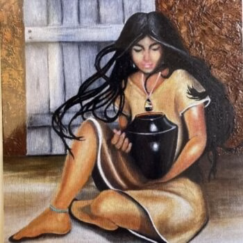 A woman with long dark hair sits on the floor holding a black pot, with a wooden door behind her.