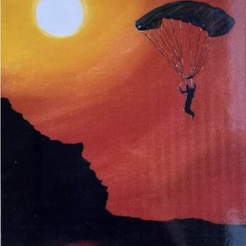 A person in silhouette descending with a parachute against a vibrant orange and red sunset sky, with a bright sun and dark rocky silhouette in the foreground.