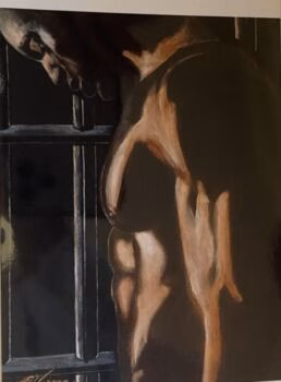 A painting of a muscular man in profile, his head bowed, standing before a dark, barred window.