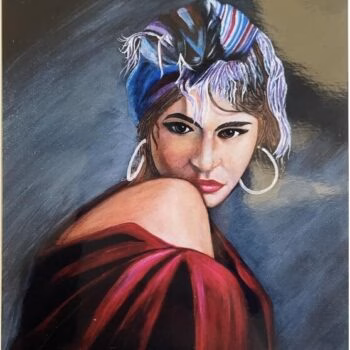 Portrait of a woman with a colorful striped headwrap, large hoop earrings, and a red garment, signed by the artist.