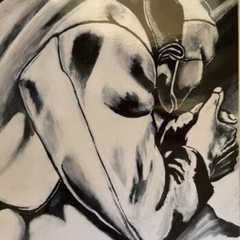 A monochromatic drawing of a muscular figure in a dynamic, crouched pose, rendered with heavy shading and expressive lines.