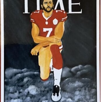 A painting of a football player in a red jersey with the number 7, kneeling on a cloud with the TIME logo in the background.