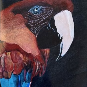 A detailed painting of a macaw's head, featuring a large white beak, a blue eye, and red and blue feathers against a dark background.