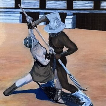 A painting of two armored figures in a gladiatorial duel, one wielding a spear and the other a sword, set against a stadium backdrop.