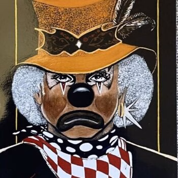 A portrait of a clown with a sad expression, wearing a tall orange hat with a feather, a red and white checkered scarf, and a black and white polka dot collar.