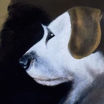 A profile portrait of a white dog with a brown ear against a dark background, signed by the artist.