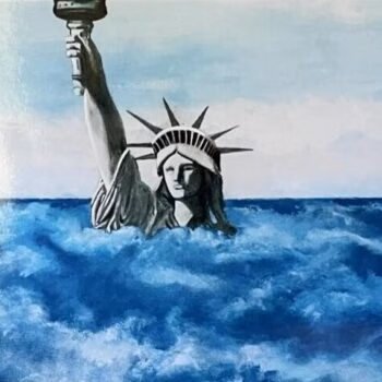 A painting of the Statue of Liberty partially submerged in turbulent blue water, holding its torch aloft.