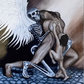 A skeletal figure with large white wings embraces a nude woman in a dark, cavernous space.