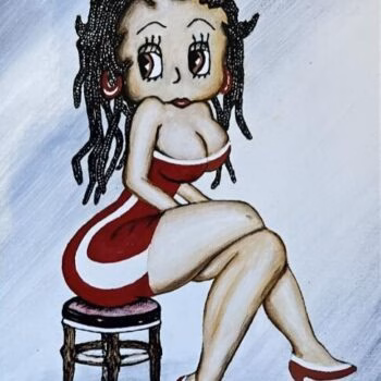 A cartoon-style drawing of Betty Boop sitting on a stool, wearing a red and white dress and red heels.
