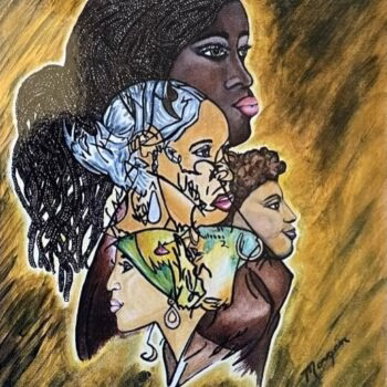 A stylized portrait of five diverse women in profile, layered against a textured yellow background, with the artist's signature 'M. Morgan' in the lower right.