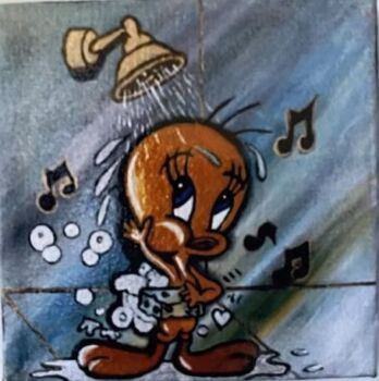 A cartoon bird character with large eyes is bathed in water from a showerhead, surrounded by musical notes and bubbles.
