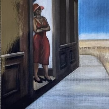 A woman in a red dress and hat stands in a doorway looking out over a vast, arid landscape under a blue sky.