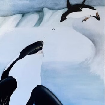 A painting of two orcas in a snowy, icy environment.