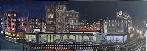 A wide panoramic painting of an urban cityscape at night featuring elevated train tracks in the foreground, glowing windows in detailed brick apartment buildings, neon signage, and a sleek modern train car moving along the trestle under a dark night sky.