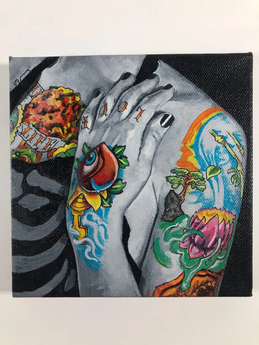 A close-up painting of heavily tattooed arms and shoulders, featuring colorful designs including a crying eyeball, a lotus flower, a landscape with a rainbow, and a skeleton hand.