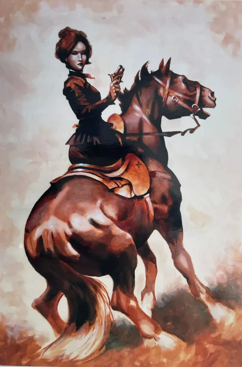 A dynamic painting of a woman in 19th-century attire holding a small pistol while riding a rearing brown horse against a neutral, dusty background.