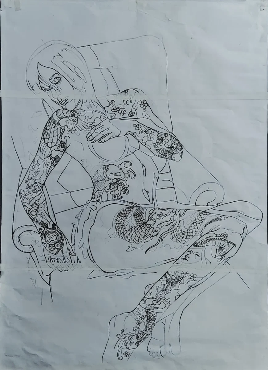 A detailed black-and-white line drawing of a person seated in a chair, completely covered in intricate full-body and limb tattoos featuring dragons, koi fish, skulls, and floral motifs.