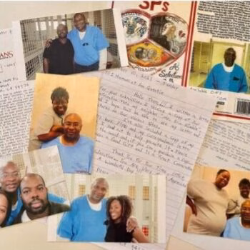 A collage of photographs and documents featuring Gregory, a man in a blue prison uniform, with various individuals and institutional materials.