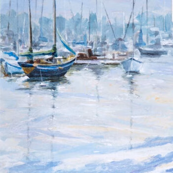 A watercolor painting of a harbor with several sailboats docked in calm, reflective water under a hazy sky.