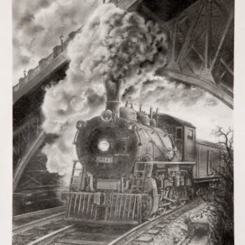 A detailed pencil drawing of a steam locomotive, number 68541, emitting a large plume of smoke as it passes under a steel truss bridge.