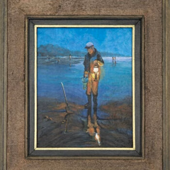 A framed painting of a man in a cap and waders standing on a beach at dusk, holding a lantern and a fishing rod, with other figures in the background.