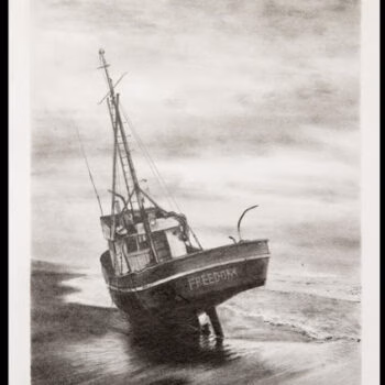 A pencil sketch of the fishing boat 'FREEDOM' resting on a sandy beach with gentle waves lapping at its hull.