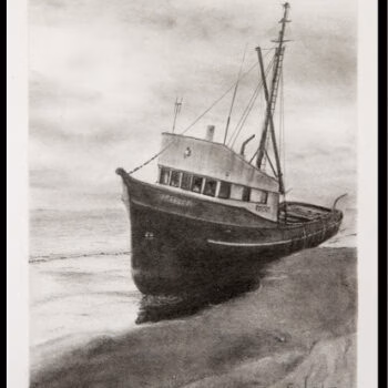 A pencil sketch of the fishing boat 'FREDERICK' resting on a sandy beach under a cloudy sky.