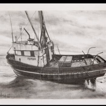 A pencil drawing of a fishing boat with the registration number P81594, sailing on a calm sea under a cloudy sky.