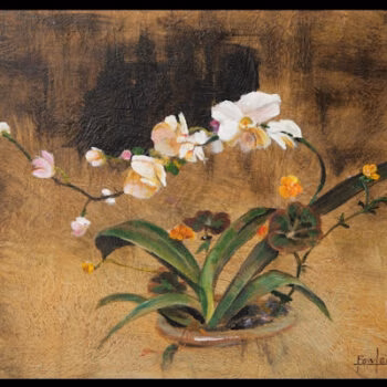 A painting of a white and pink orchid in a small pot, with green leaves and small yellow flowers, set against a textured brown background.
