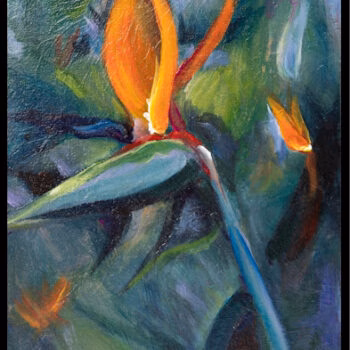 A vibrant painting of a bird of paradise flower with bright orange and yellow petals against a dark, textured background.