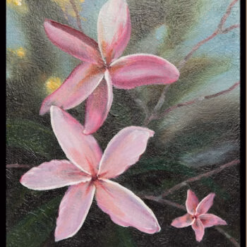 Three pink plumeria flowers in various stages of bloom against a dark, textured background with hints of green and yellow.