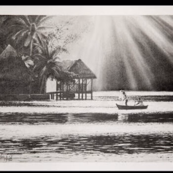 A black and white drawing of a tropical scene with a thatched-roof hut on stilts, palm trees, and a person in a small boat on the water under bright rays of light.