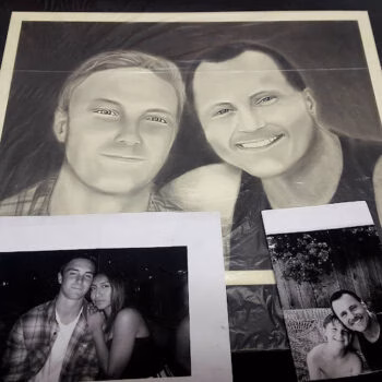A large pencil portrait of two men, Bruce and his partner, with two smaller Polaroid-style photos of them below.