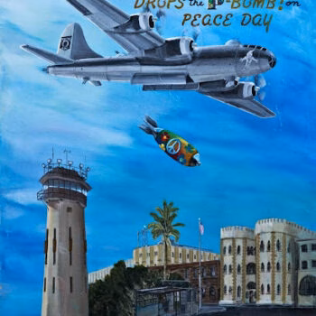 A vintage bomber plane drops a colorful peace bomb over a coastal landscape featuring a lighthouse and a castle-like building.