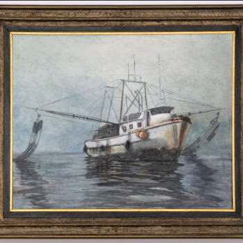 A framed painting of a fishing boat on calm water, featuring a detailed rigging system and nets.