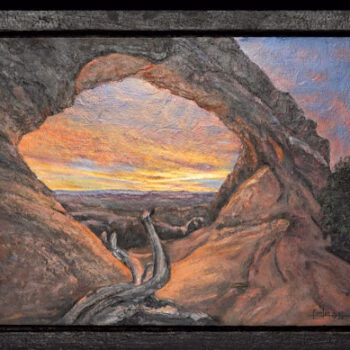 A painting of a natural rock arch framing a vibrant sunset over a desert valley, with a weathered tree trunk in the foreground.