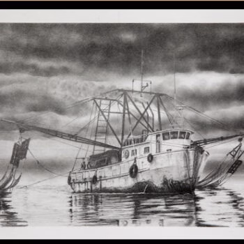 A detailed pencil drawing of a fishing boat named Bruce 8 on calm water under a cloudy sky.