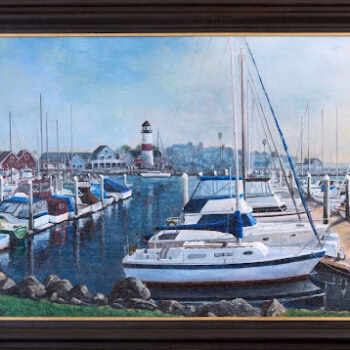 A framed painting of a harbor at dusk featuring a white sailboat in the foreground, a lighthouse, and numerous other boats docked in the background.