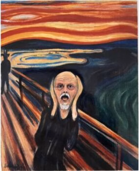 Edvard Munch's 'The Scream' depicts a man with a screaming face against a swirling, fiery sky over a bridge.