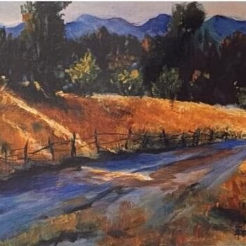 A watercolor painting of a winding dirt road through a sunlit field with a wooden fence, leading towards a forested hill and distant mountains under a soft sky.