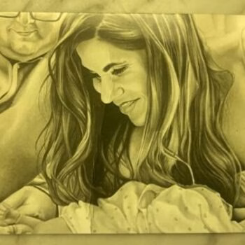 A detailed pencil drawing of a woman with long hair looking down, with a man's face partially visible in the background.