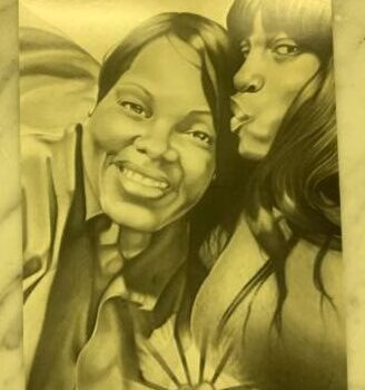 A sepia-toned portrait of two women, one smiling broadly and the other kissing her cheek, with a heart-shaped sunburst design on the smiling woman's chest.